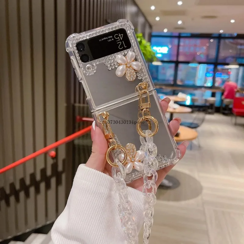 

Fashion Simplicity rhinestone Diagonal flower Makeup mirror Full Coverage for Samsung ZFlip4 ZFlip3 Shockproof Phone Case