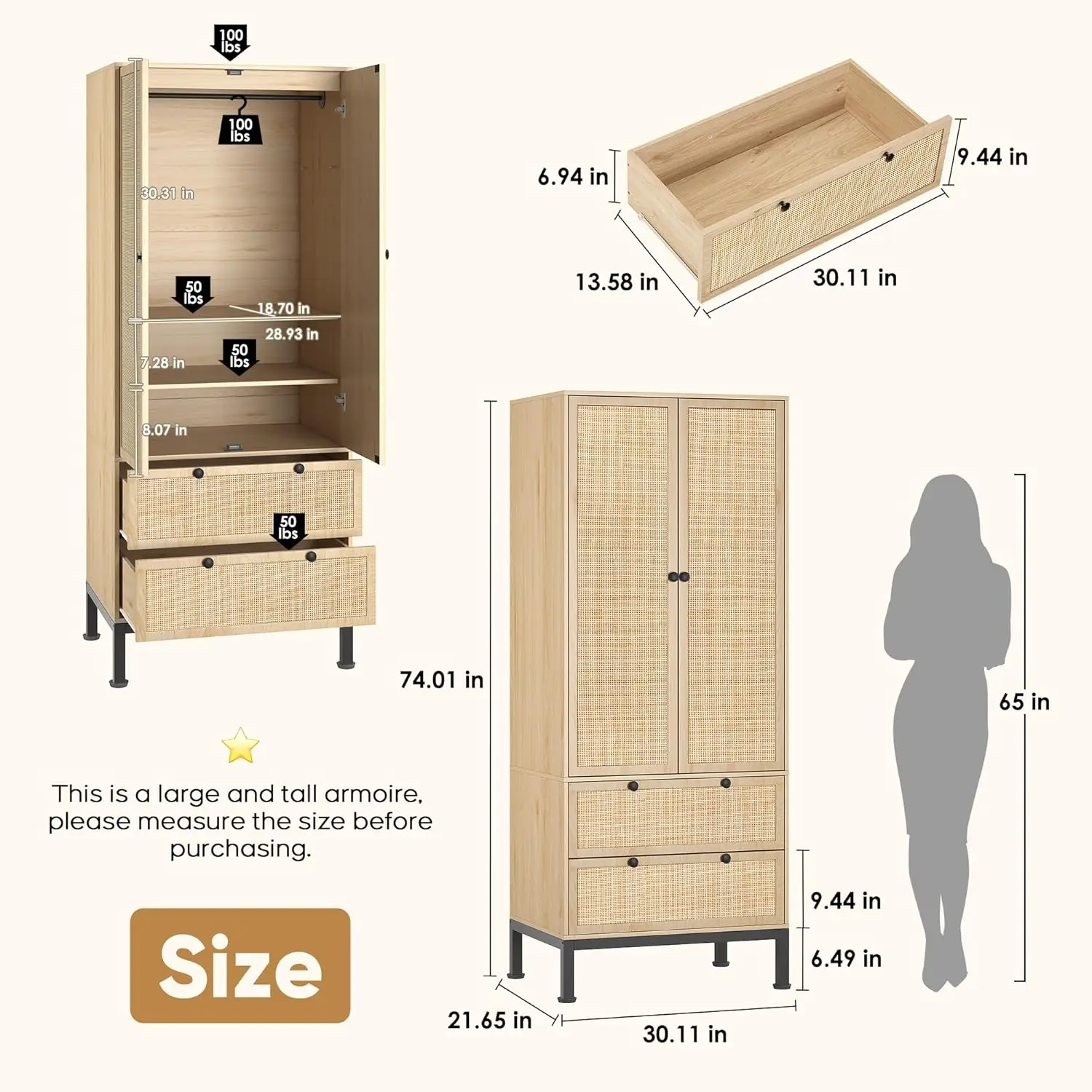 Brafab-Garde-robe en rotin naturel tissé, armoire de 74 pouces avec rangement en bois naturel