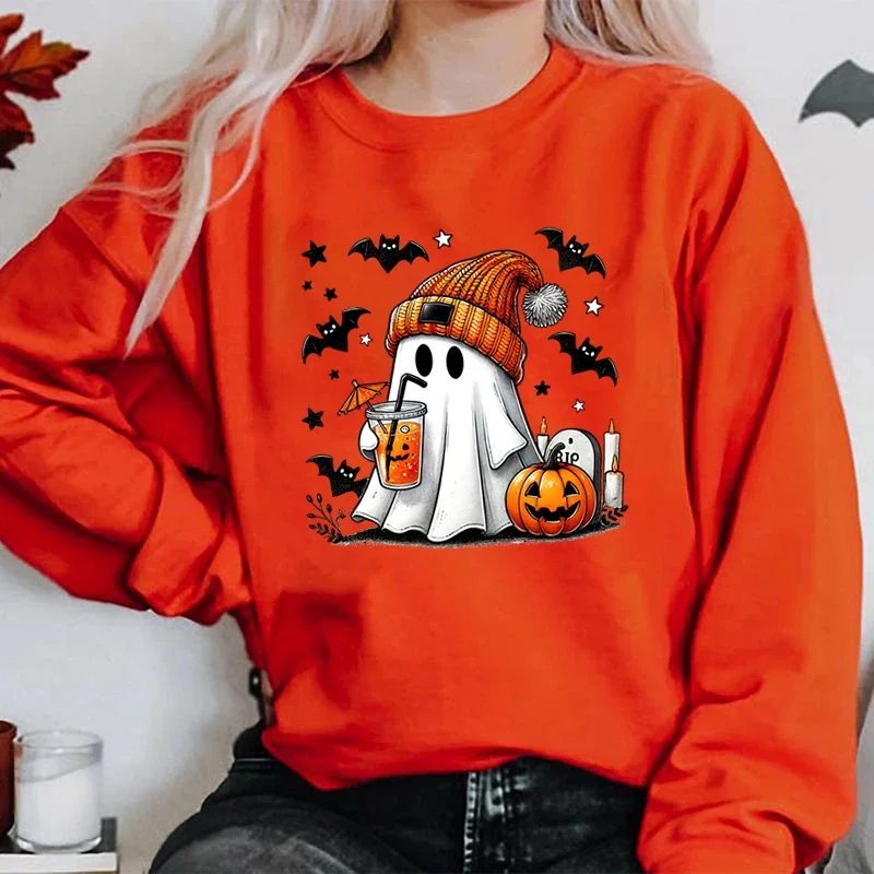 

New Women's Sweatshirt Halloween Ghost Pumpkin Bat Print Round Neck Pullovers Ladies Autumn Winter Casual Halloween Sweatshirt