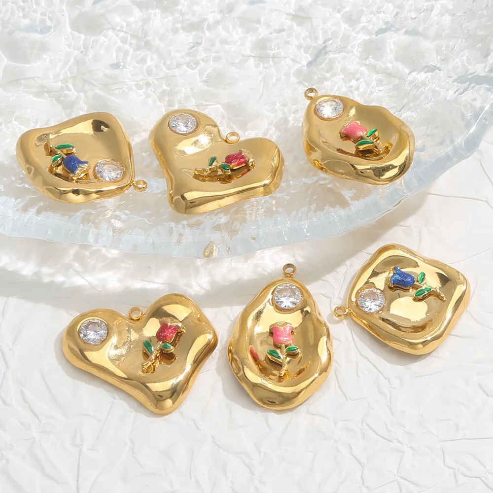 

5pcs Stainless Steel Charm with Roses Heart Gold DIY Necklace Bracelet Jewelry Making Materials Wholesale
