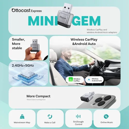 Imagen 2 del producto Adaptador Inalámbrico OTTOCAST Ultra Mini 2 en 1 para CarPlay y Android Auto, Dongle USB, Conexión Rápida, Compatible con el 98% de los Autos, para Audi, Benz, VW