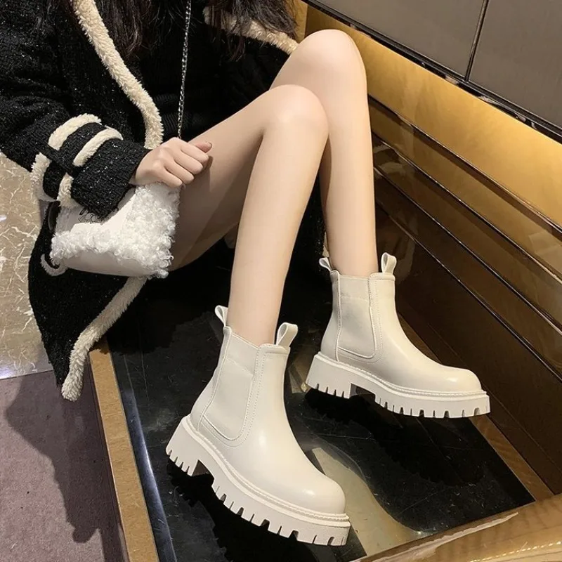 Autumn Winter Chelsea Boots Women 2023 Platform Brown Black Beige White Ankle Boots For Women Fur Short Chunky Punk Gothic Shoes