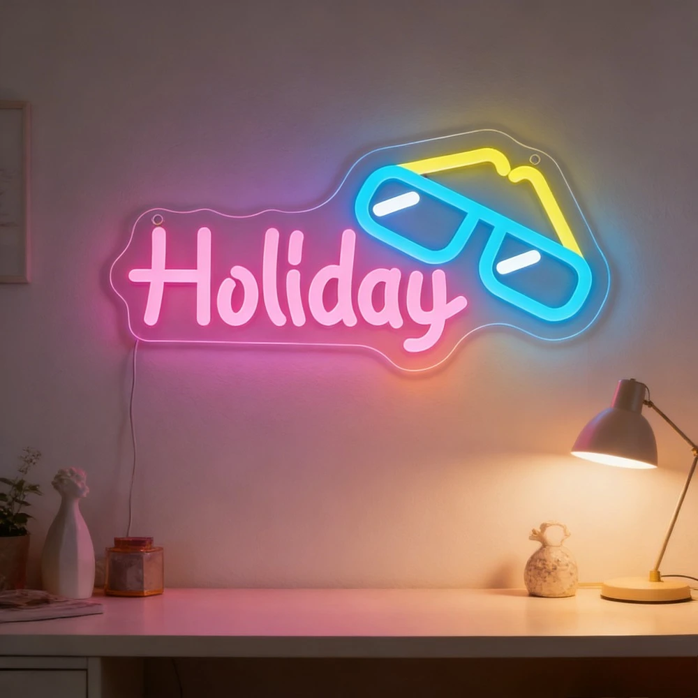 Holiday Neon Sign LED USB Dimmable Summer Vacation Glasses Night Light for Home Bar Shop Decoration Desk Table Bedroom Wall Art