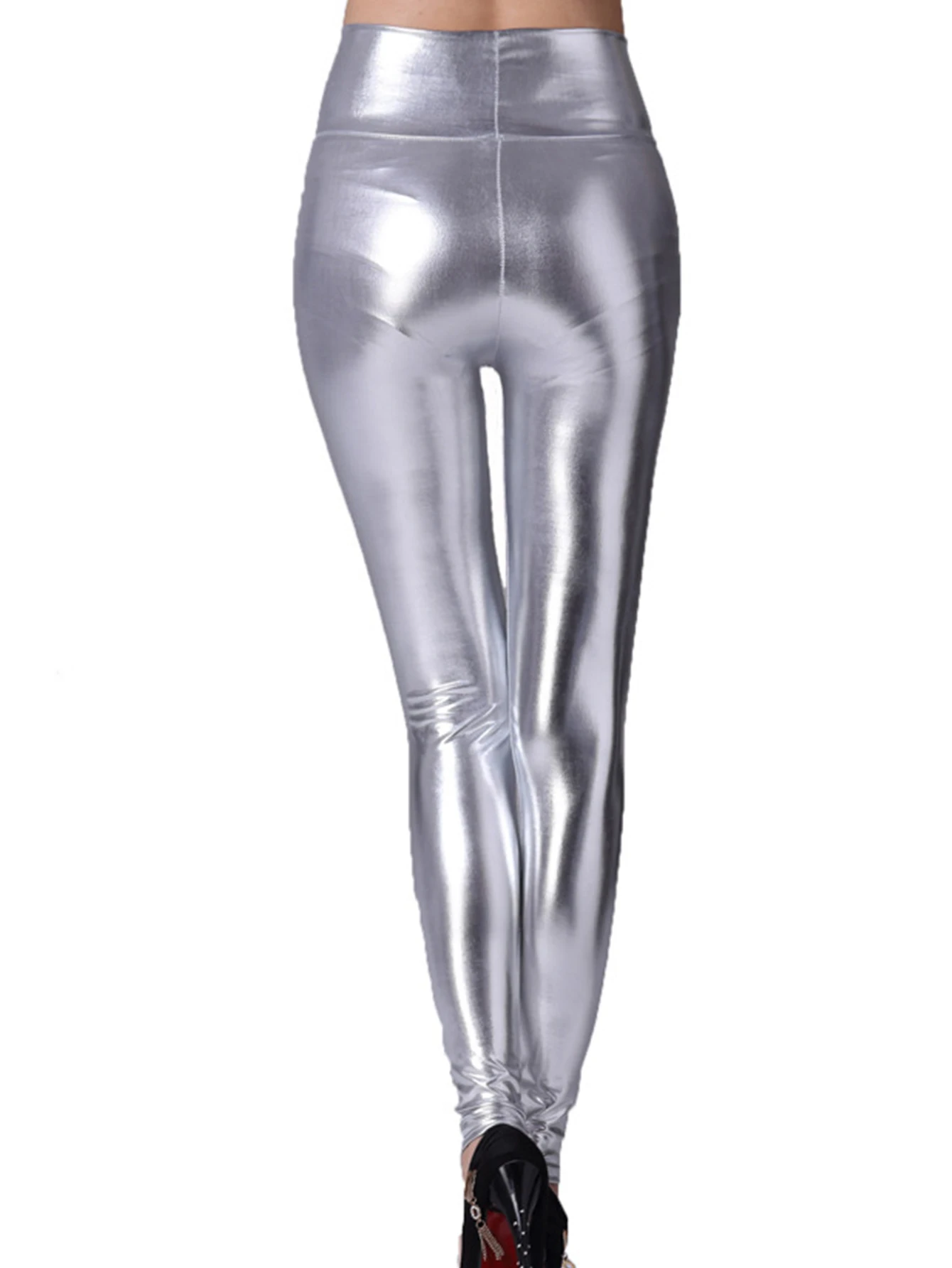 Silver PU Imitation Leather Nine-point Pants Women\'s High-waisted Zipper Leggings European Style Sexy Hip Nine-point Pants