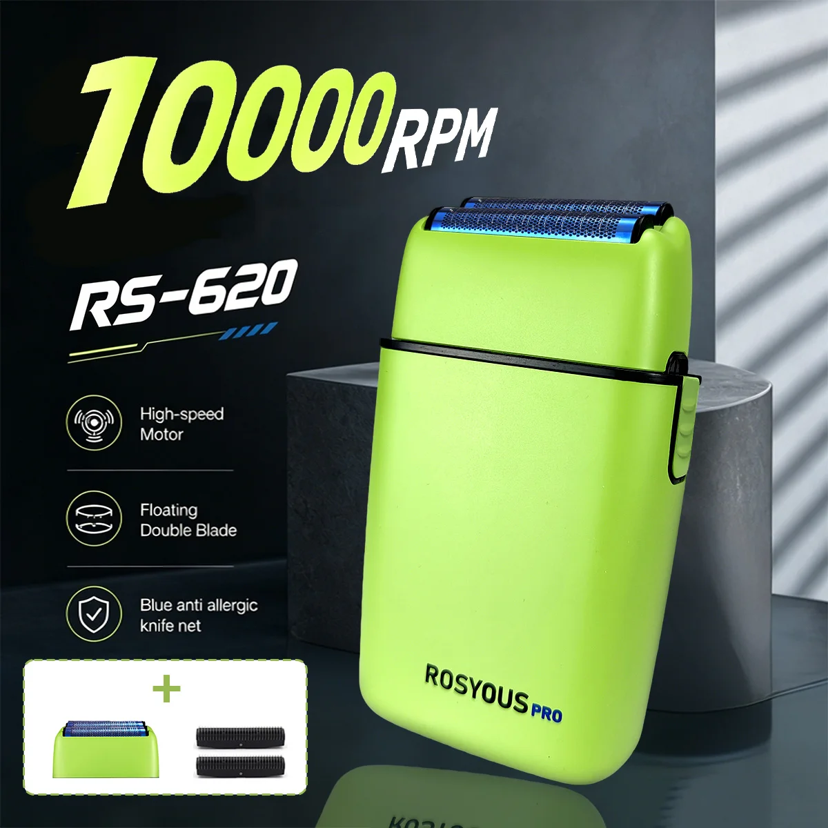 ROSYOUS RS-620 High-Speed Men's Electric Shaver 10000RPM Double Foil, Cordless USB, Professional Reciprocating with Oil Head