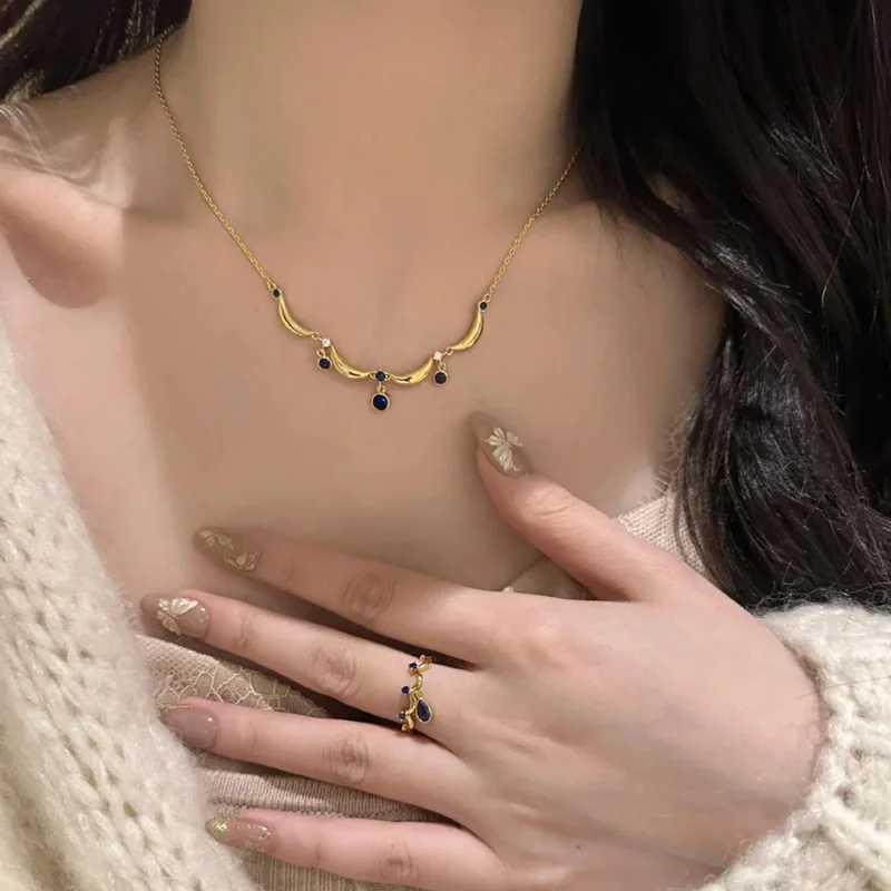 ENSHIR Moon Blue Zircon Water droplets Lace Necklace for Women Girls Vintage Delicate French Princess Jewelry Gifts Wholesale