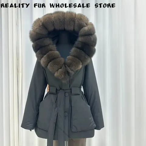 Ladies Winter Natural Fur Coat Hooded Style Plush Fox Fur Outerwear Warm Fit for Daily Travel Sophisticated for Cold Weather