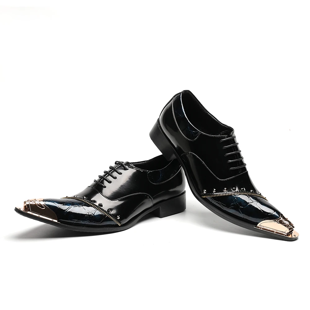 Zapatos Italian Black Metal Pointed Toe Wedding Party Dress Shoes Plus Size Men Business Oxford Shoes Male Real Leather Brogues