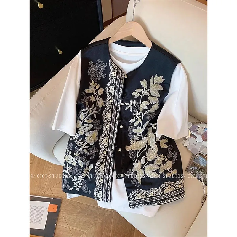 

Ew Chinese Style Gold Wire Embroidered Acetate Satin Vest Female Vest Waistcoat 2026 Spring Autumn New Vest Coat Jacket