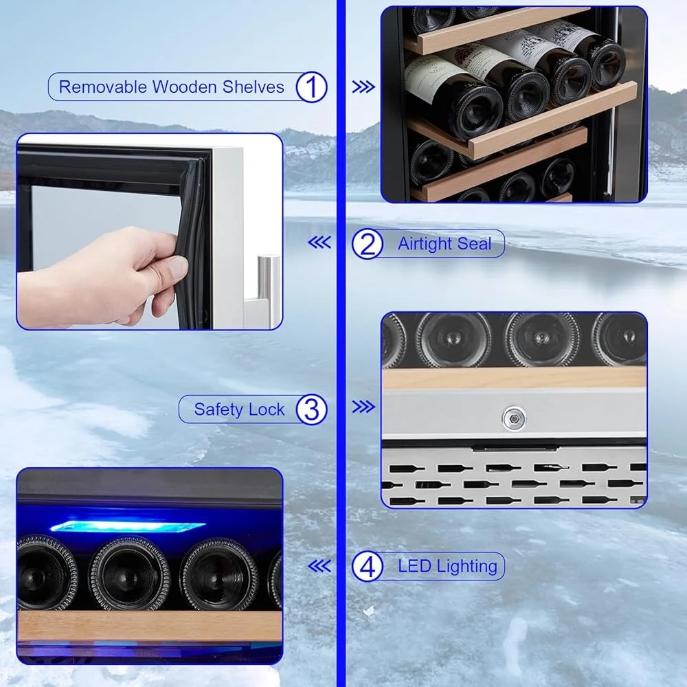 ثلاجة تبريد النبيذ ذات المنطقة المزدوجة بسعة 28 زجاجة، باب زجاجي، تحكم رقمي في درجة الحرارة، أرفف قابلة للتعديل، قائمة بذاتها