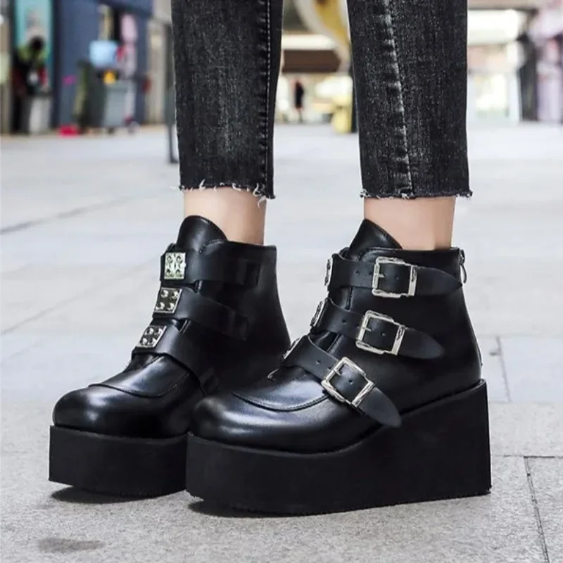 Brand Women Wedges Boots Punk Gothic High Boots for Women Platform Metal Buckle Cosplay Shoes Plus Size 43 Female Botas Mujer