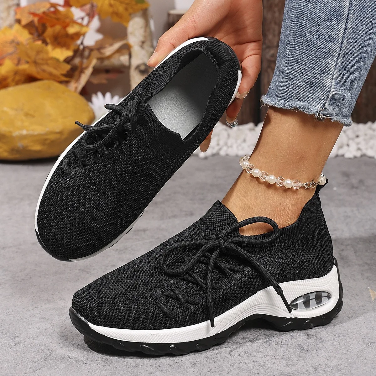 Damskie sneakersy na platformie, buty do biegania z grubą podeszwą i amortyzacją, dzianinowe, siateczkowe, sznurowane buty sportowe, damskie buty do chodzenia.