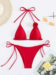 Sexy 3D czerwony kwiat halter stringi bikini zestawy dwuczęściowe krawat wysoki stan stringi stroje kąpielowe kobiety biquini kostiumy kąpielowe