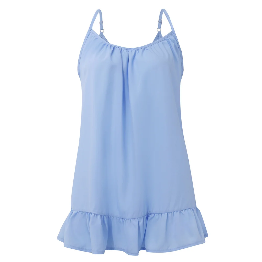 2022 Lady Ruffle Patchwork Shirt Women Spaghetti Strap Vest Summer Sleeveless Solid Casual Loose Female Street Tank Tops T Shirt