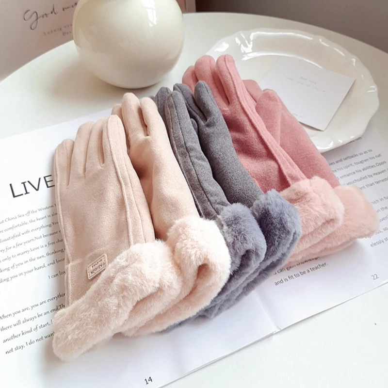 الخريف الشتاء الدافئة قفازات من جلد الغزال زائد المخملية سميكة أفخم ديكور الكفة قفازات في الهواء الطلق Coldproof لمس ركوب قفازات التزلج #3