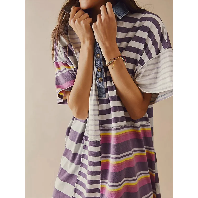 ABRT-여성 대비 스트라이프 Babydoll Y2k 여름 패치 워크 티셔츠 드레스 빈티지 V 넥 반소매 드레스