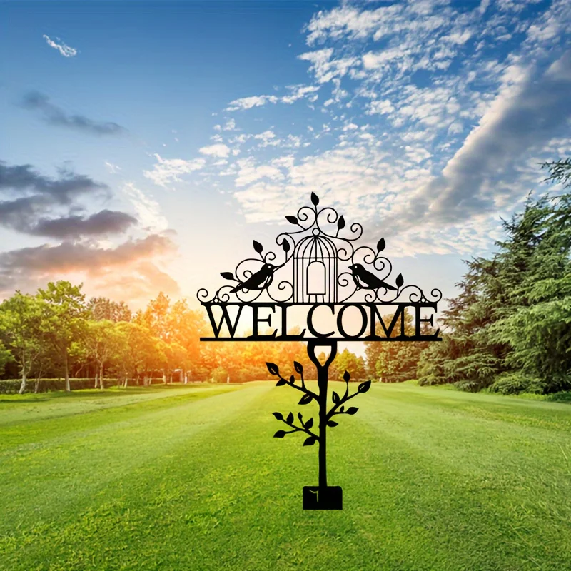 2D 1pc Rustic Metal Welcome Bird Sign - Farmhouse Outdoor Wall Art with Birdcage Design for Yard, Fence, or Lawn Decoration