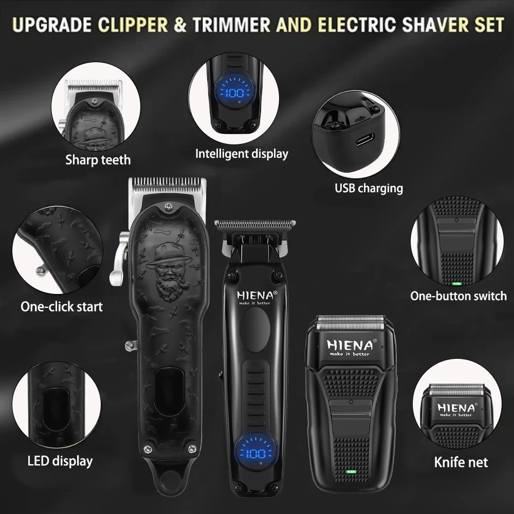 HienaProfessional máquina de corte de cabelo masculino, carregamento USB cortador de cabelo, máquina de corte afiada, navalha profissional, conjunto de 3 peças