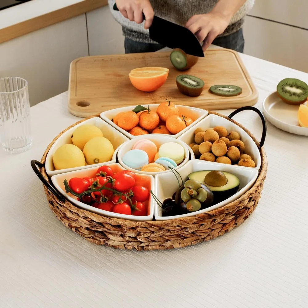 

Serving Tray and Serving Dishes, 7-Set Gold Platters for Parties,Divided Serving Trays & Platters, Portable Handle,Gold