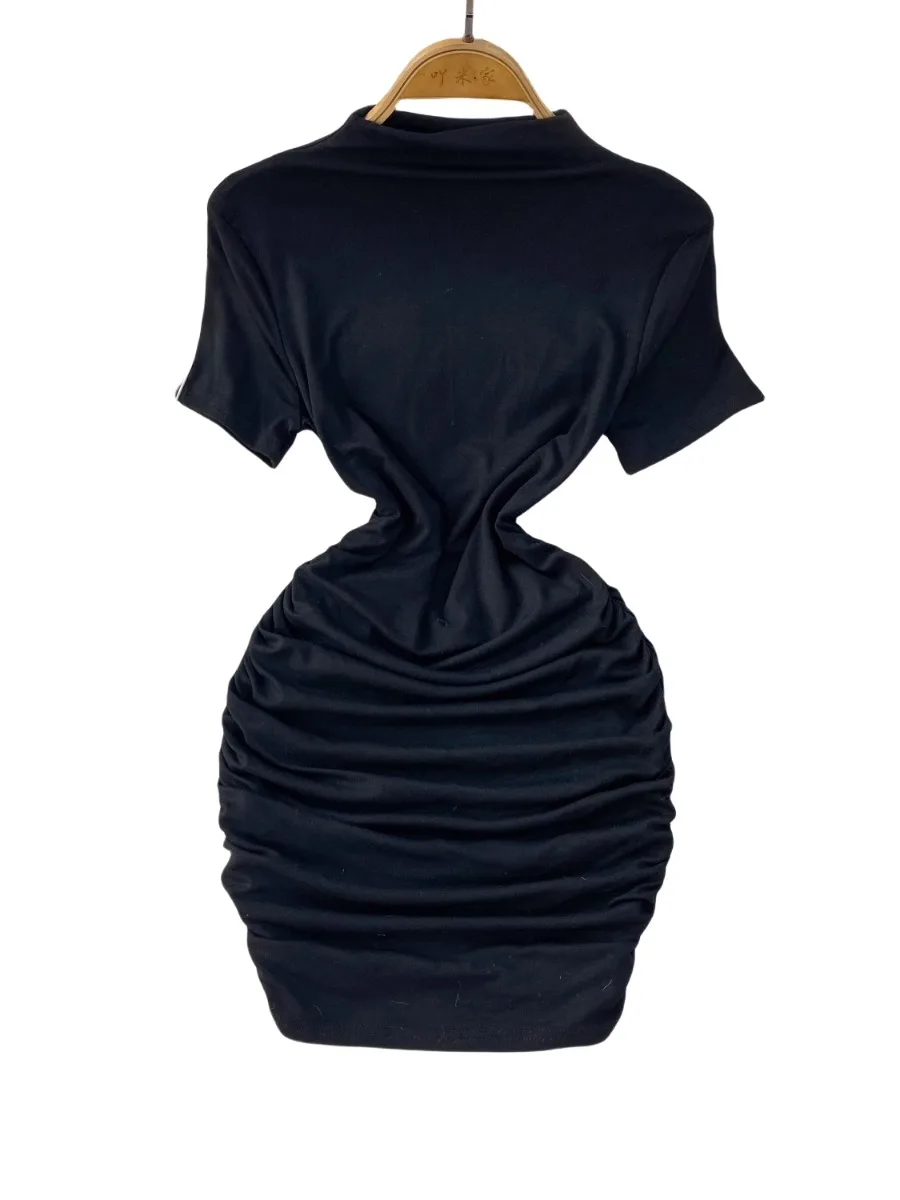 Foamlina Pleated Cinched Waist Slim Fit Dress Women 2025 Summer Chic Solid Color Short Sleeve Sexy Bodycon Mini Tight Dresses