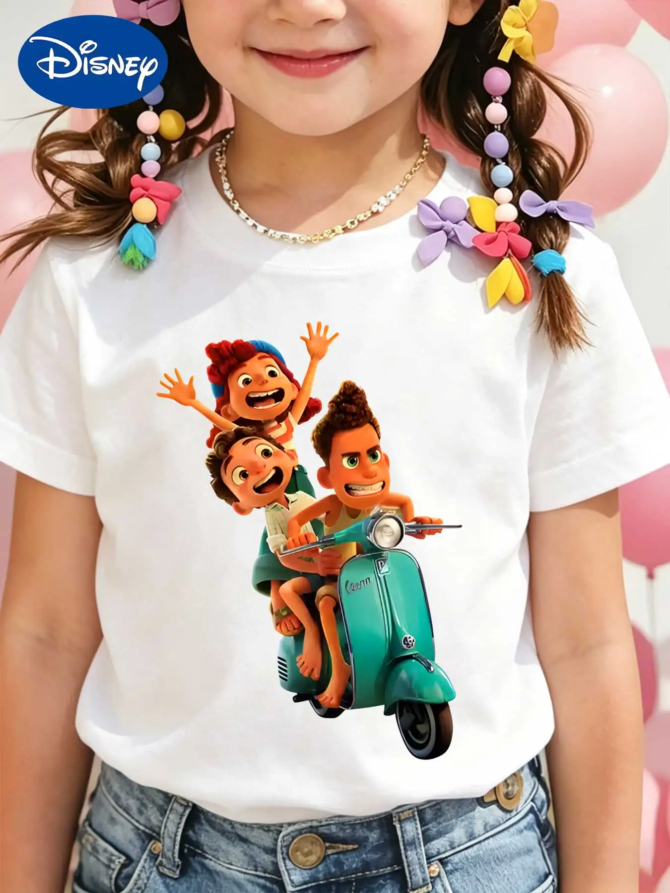 Camiseta de manga corta Disney Summer Friendship Luca Alberto Julia para niños, camiseta holgada de verano para niñas