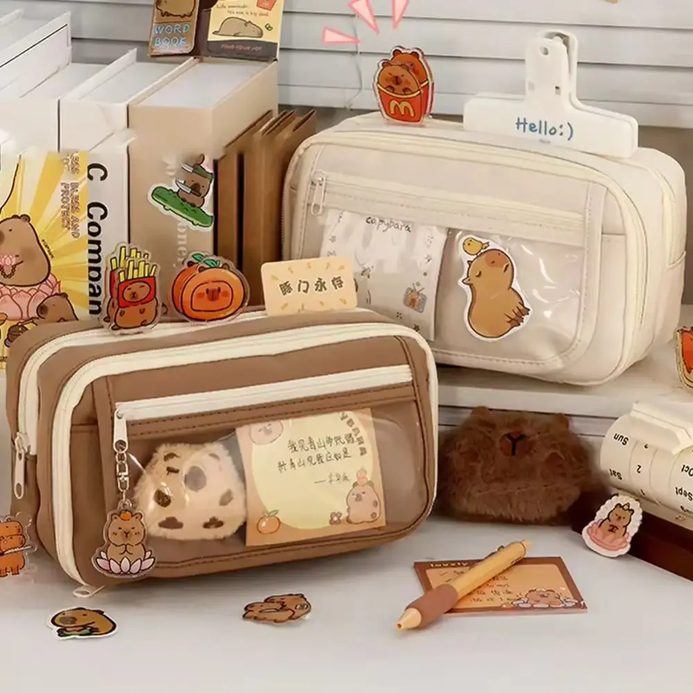 

Capybara Transparent Pencil Case 9 Grid Large Capacity Transparent Pen Bag Multifunctional with Front Pocket Stationery Box