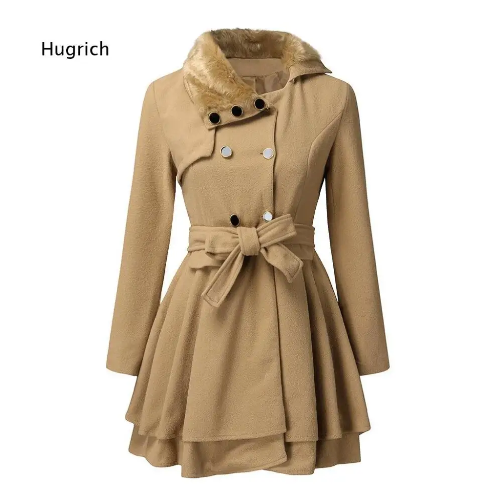 Women Wool Blend Coat With Faux Fur Collar Double Breasted Design Self Tie Waist Belt For Cold Weather Autumn Winter Daily Wear