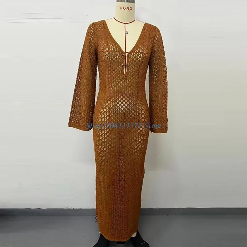 P9FC Backless Full Length Beach Coverup Dress, Long Sleeve Swimwears Coverup Dress for Pool Beach Parties