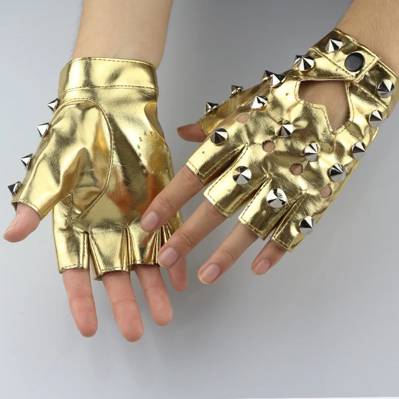 Punk DS Metal Leather Gloves Female Half Finger Spice Girls Function JK Baring Fingers Lo Personality Cool Tip Rivet PU