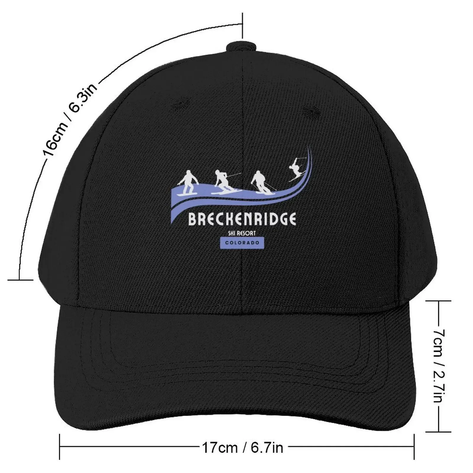 Breckenridge Ski Resort, Colorado. White text. Gift Ideas For The Ski Enthusiast. Baseball Cap