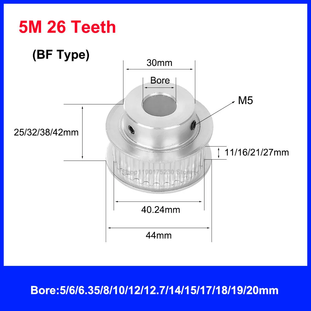 1PCS HTD 5M Timing Pulley 26 Teeth 28 Teeth Width 11/16/21/27mm BF Type HTD5M Synchronous Belt Wheel Bore 5mm-20mm