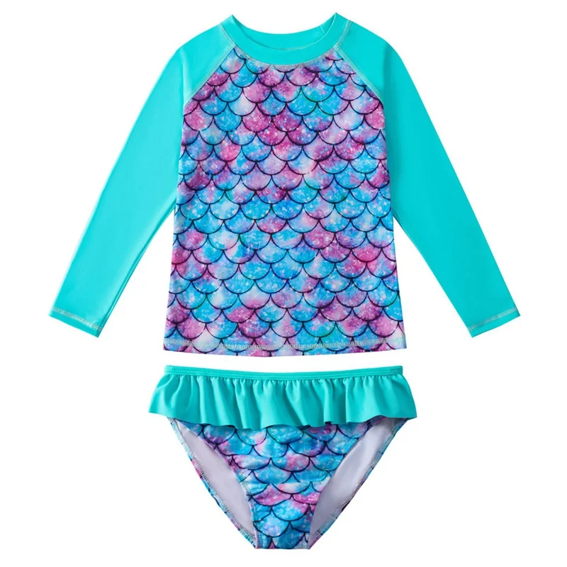 Traje de baño para niños de manga larga, conjunto de natación dividido para niñas, ropa de playa con estampado de dibujos animados, trajes de protección contra sarpullidos