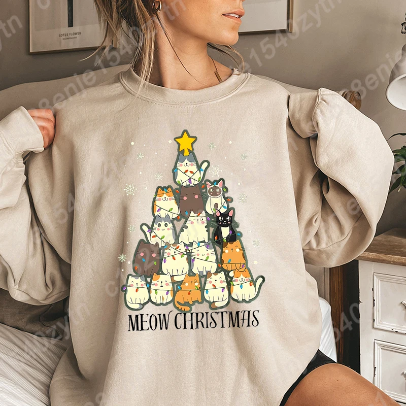 Women's Festive Cat Christmas Tree Print Sweatshirt, Casual Pullovers, Crew Neck Long Sleeve for Winter, Women Xmas Sweatshirts #3