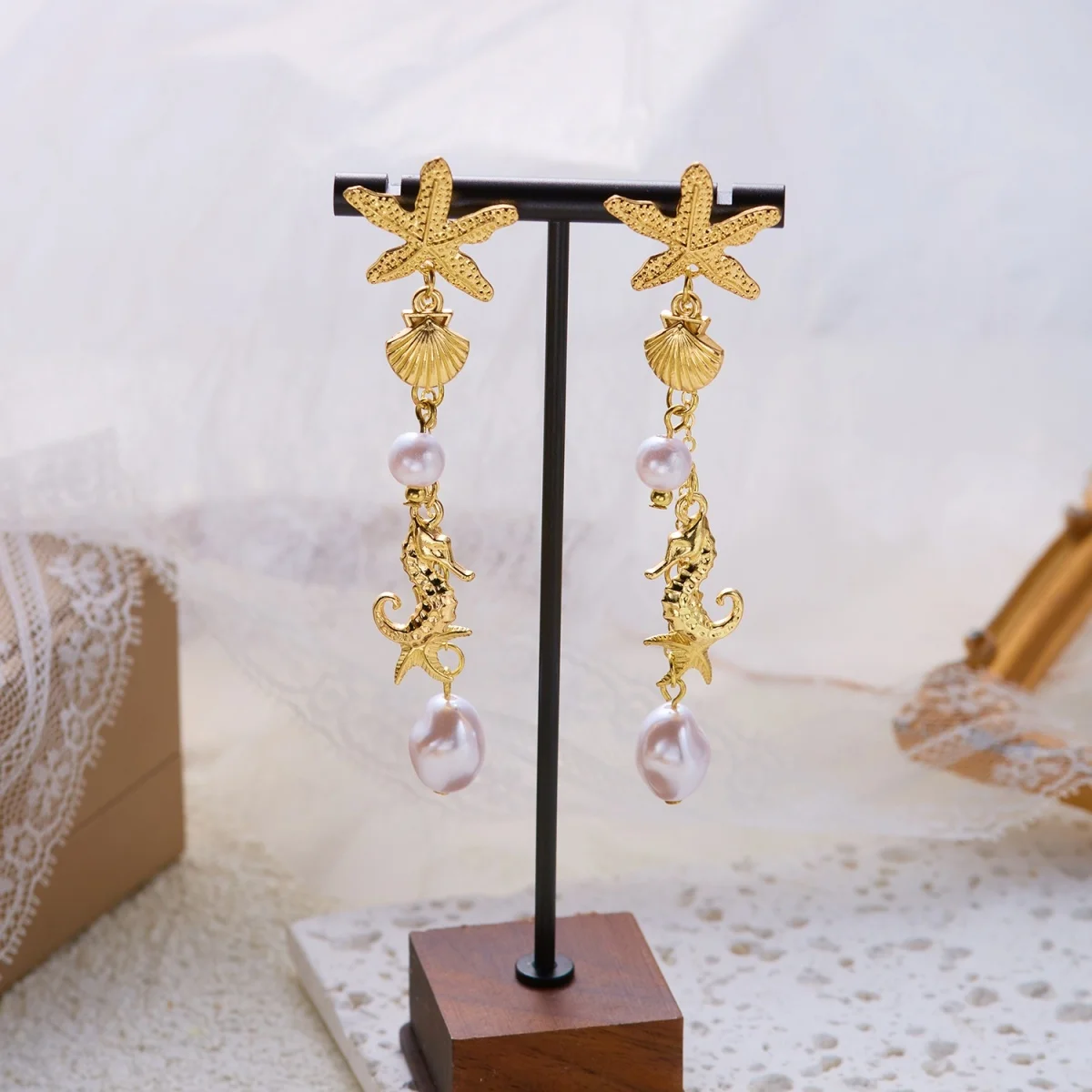 Ozean-Urlaub Seestern Muschel Seepferdchen Imitationsperlen Tropfenohrringe für Damen und Herren Böhmische Muschelohrringe Sommer Strand Schmuck – Detail 18