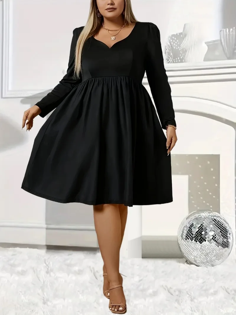 Moda damska Plus Size, z długim rękawem, na co dzień, z dekoltem w kształcie litery V, karbowanym, jednokolorowym, bez nadruku