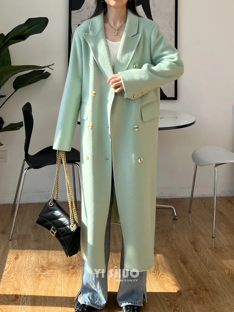 Otoño Invierno nuevo abrigo grueso de lana de doble cara mujer elegante cuello vuelto doble botonadura chaqueta de lana de longitud media Mujer