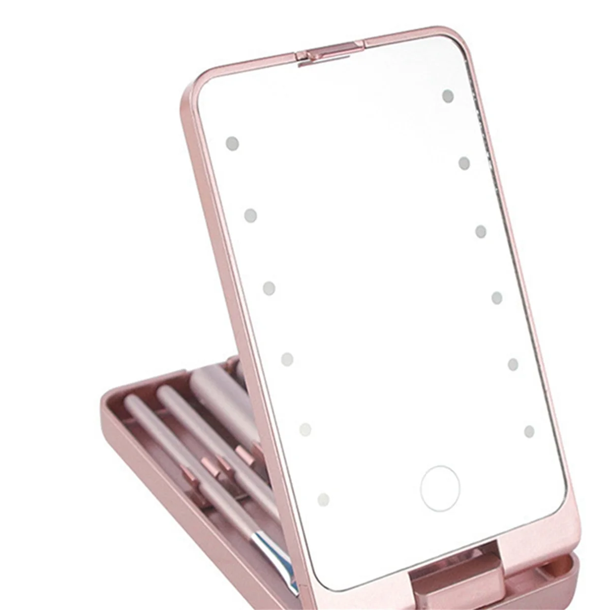 Espejo portátil para maquillaje, caja de almacenamiento con 5 brochas, LED táctil, color rosa