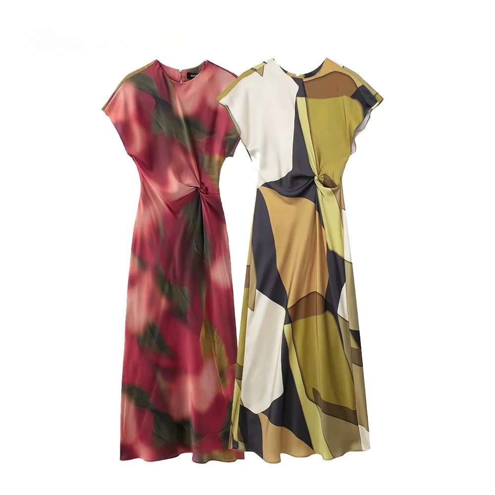 Sukienka KONDALA Chic Patchwork Wiosna 2025, wzorzysta, midi, na ramiączkach, damska, długa, plisowana, dopasowana, modna, elegancka, letnia, wakacyjna, vestido.