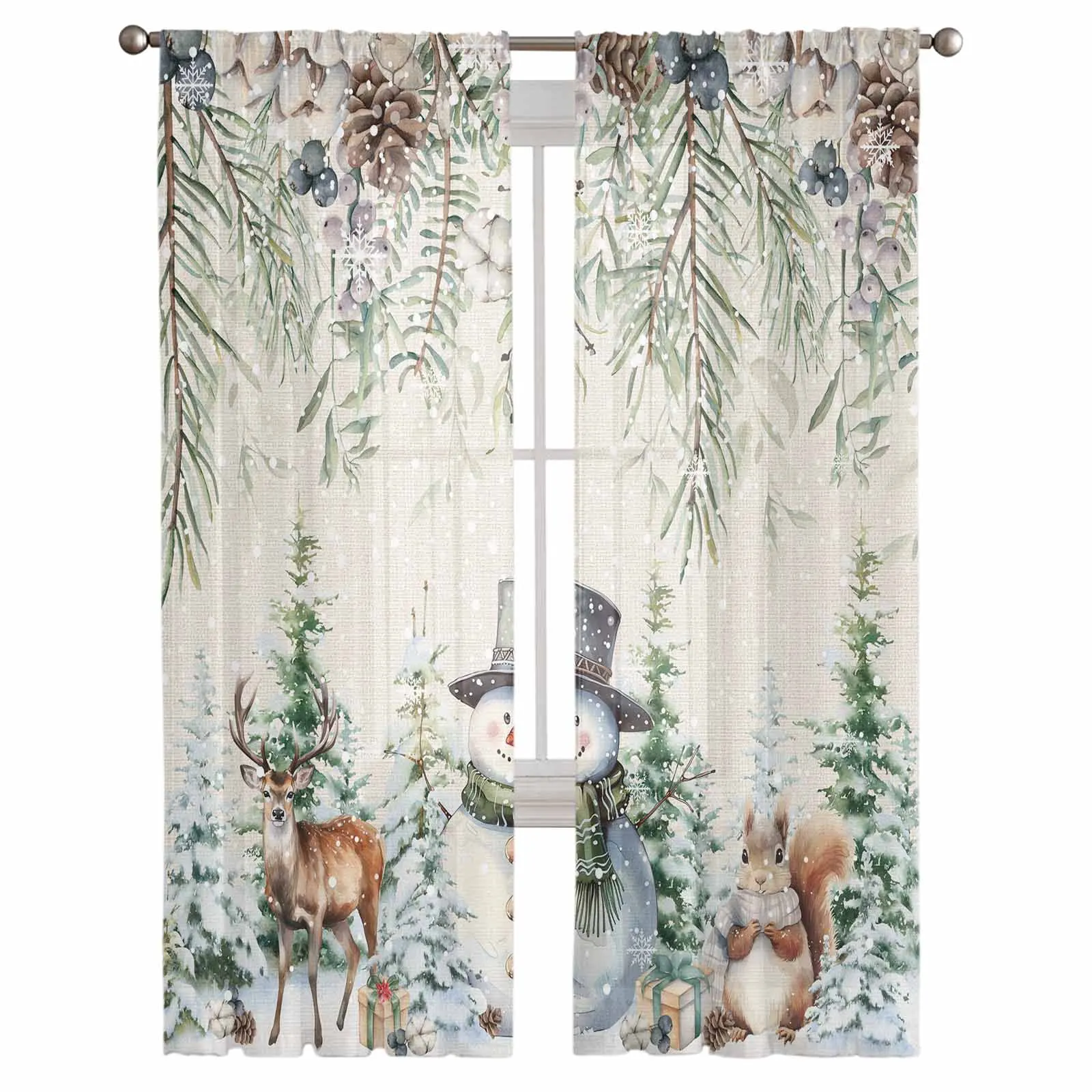 Berry Pine Tree Christmas Tree Squirrel Bedroom Transparent Sheer Curtains Holiday Decoration Window Voile Tulle Curtain