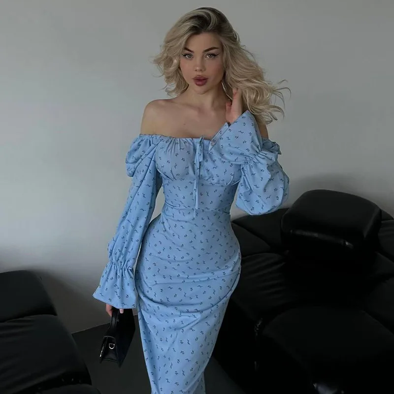 YJ24348 Herfst 2024 Nieuwe Stijl Bodycon Modieuze Lange Mouw Bloemen Stropdas Slim Fit Jurk Voor Vrouwen