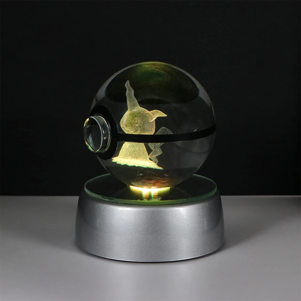 Pokemon 3D Kristallkugel Pikachu Figur Pokeball Gravur Kristall Glurak Modell mit LED-Lichtbasis Spielzeug Anime Weihnachtsgeschenk