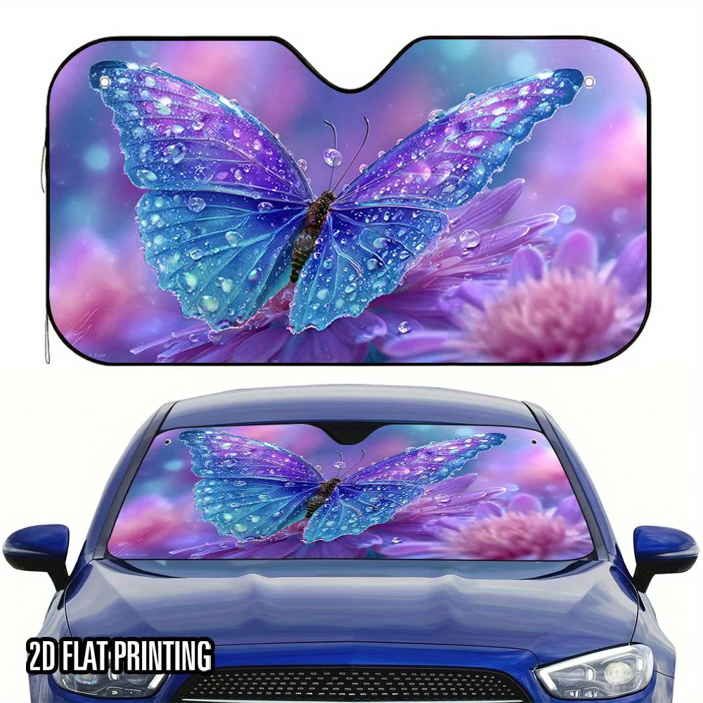 Pare-soleil de voiture 2D plat avec imprimé papillon rêveur - Motif floral bleu violet vibrant, garde le véhicule au frais, installation facile