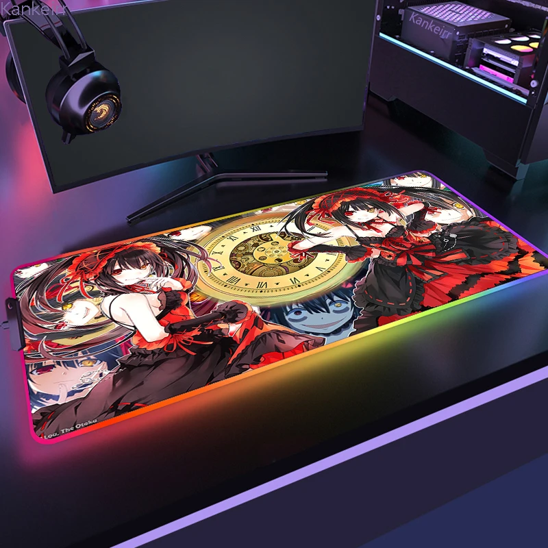 Tokisaki Kurumi Gaming Mousepad HD Customized RGB Non-slip Mouse Pad Slipmat Hi-Speed Table Mats Luminous With LED Backlit Mat