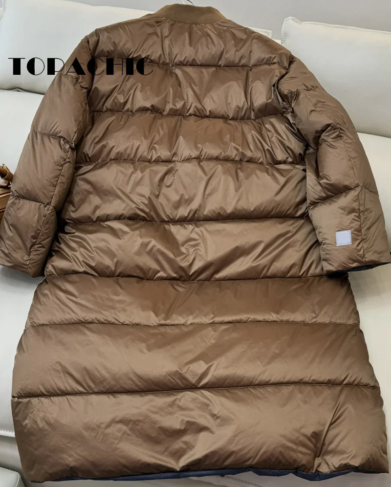 9.5 TOPACHIC-Women Collarless Double-Sided Wear Design Zipper Down Jacket High Quality Goose Down Keep Warm Long Loose Outerwear