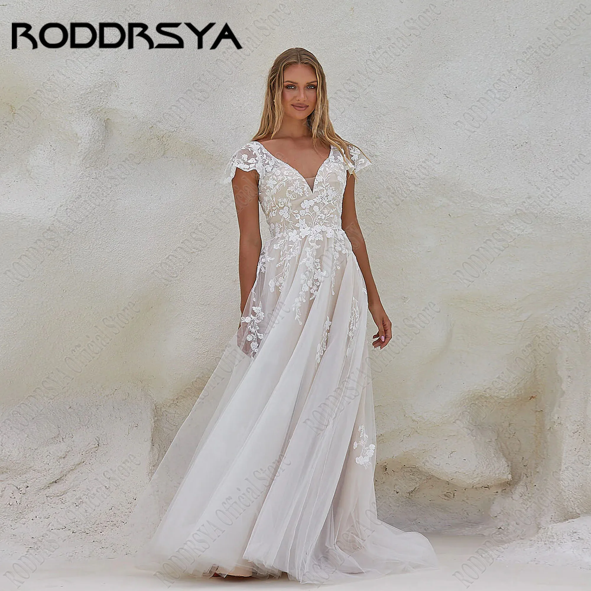 

RODDRSYA Lace Applique Wedding Dresses Cap Sleeves Corset Back Bride Gowns Robe De Mariée V-Neck A Line Beach Bridal Dresses