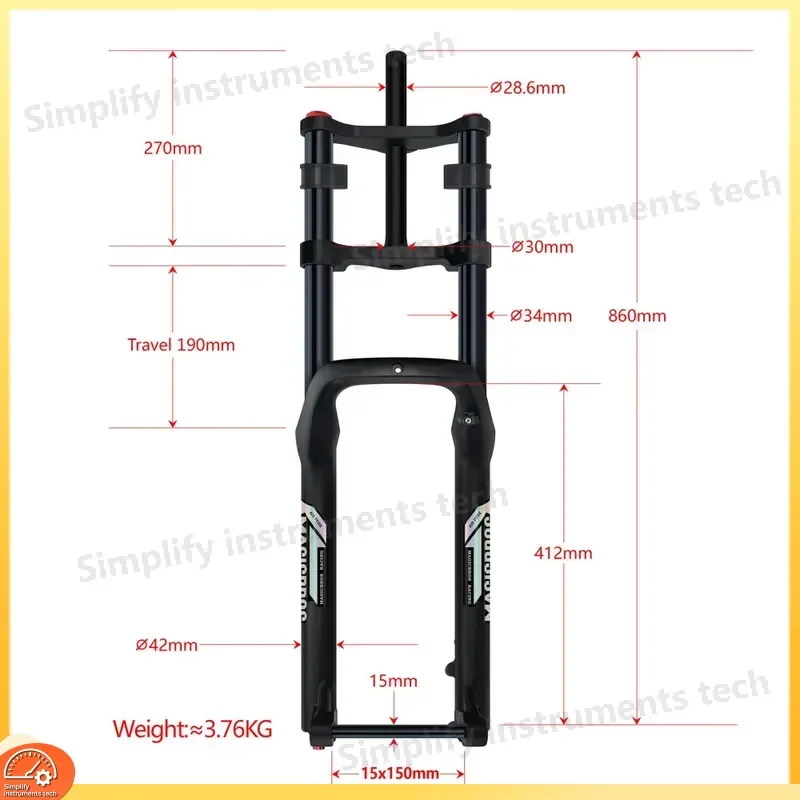 150x15mm Aluminum Double Crown Air Suspension Fork Fat Bike MTB E-Bike 190mm Disc Brake Thru Axle Front Fork Cycling Parts