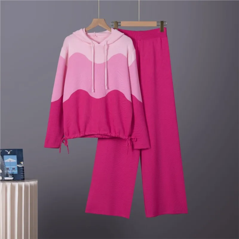 Women Knitted Pullove Two Piece Outfit Spliced Hooded Crop Top Elastic Waist Wide Leg Pants Casual Tracksuit Outfits Autumn