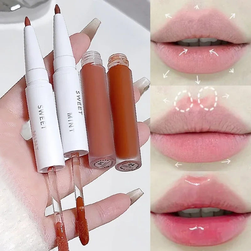 Lip Gloss Lip Liner 2 in 1 Double Ended Mirror Moisturising Liquid Lipstick Long Lasting Matte Smooth Lipliner Contouring Makeup