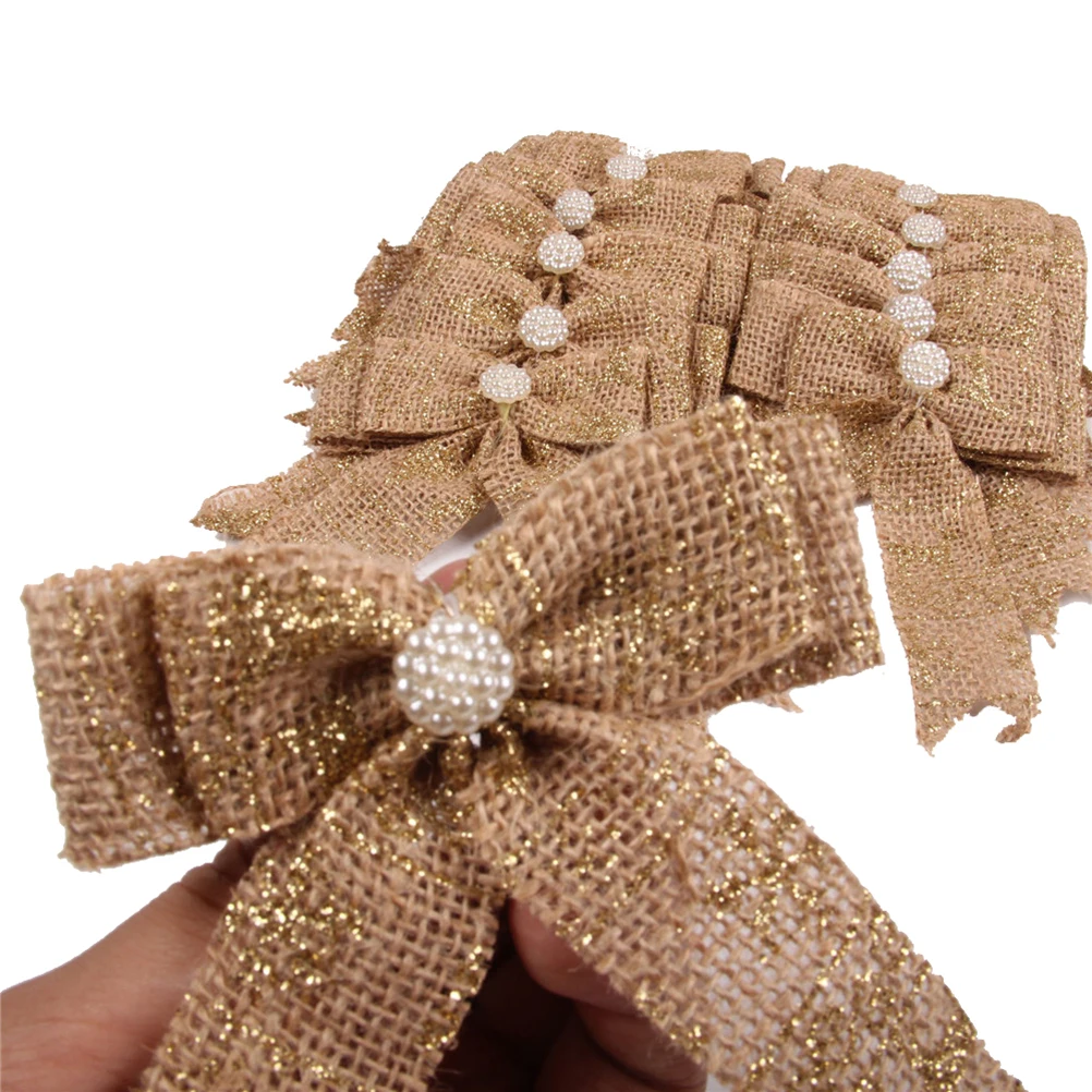 

12Pcs Burlap Bows Golden Glitter Stylish Wrapping Ribbons for Flower Bouquets Wine Bottle Decoration Christmas Basket Ornaments