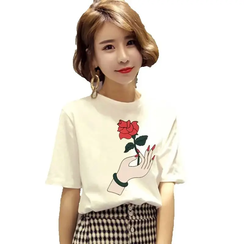 New Women's White T-shirt Female Ice Cream Print Loose Korean Version Student Short Sleeve T-shirt Summer polyester fiber fabric